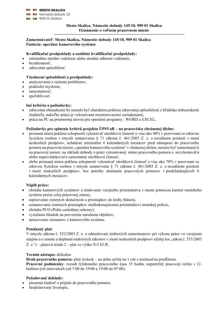 Ozmánenie o&nbsp;voľnom pracovnom mieste - operátor kamerového systému.