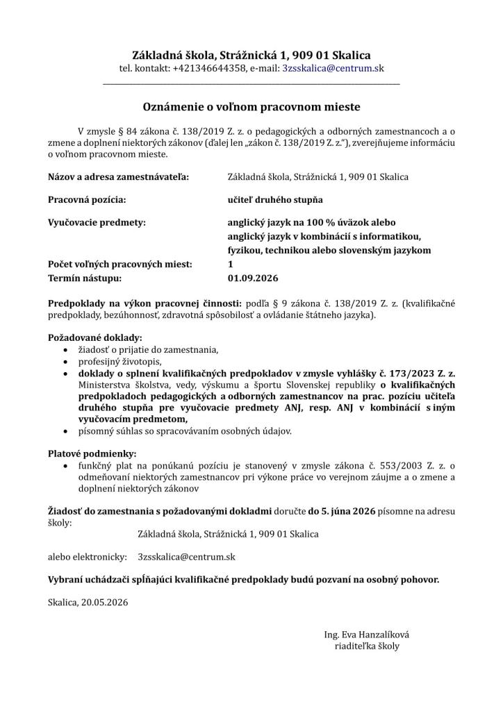 Oznámenie o&nbsp;voľnom pracovnom mieste_ZŠ Strážnická_učiteľ II.stupňa anglický jazyk s&nbsp;kombinácií s&nbsp;imformatikou, fyzikou, technikou alebo slovenským jazykom