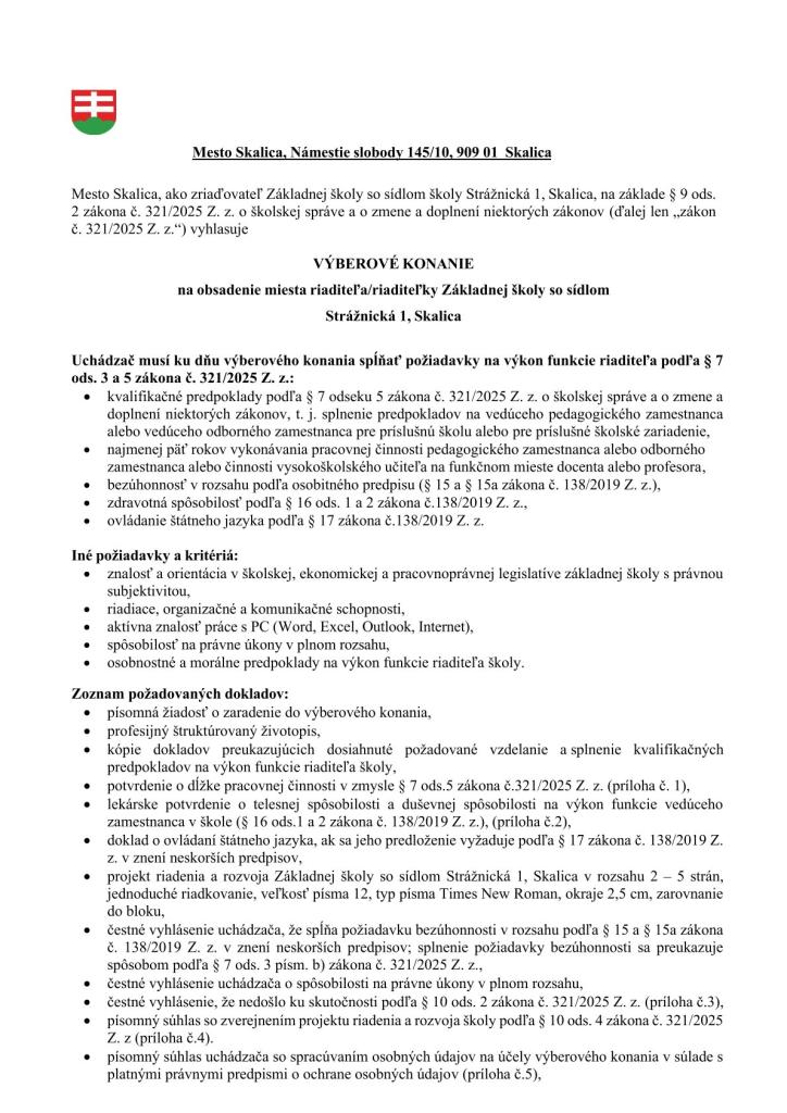Oznámenie o&nbsp;výberovom konaní na&nbsp;riaditeľa/riaditeľku ZŠ so sídlom Strážnická 1&nbsp;Skalica 3