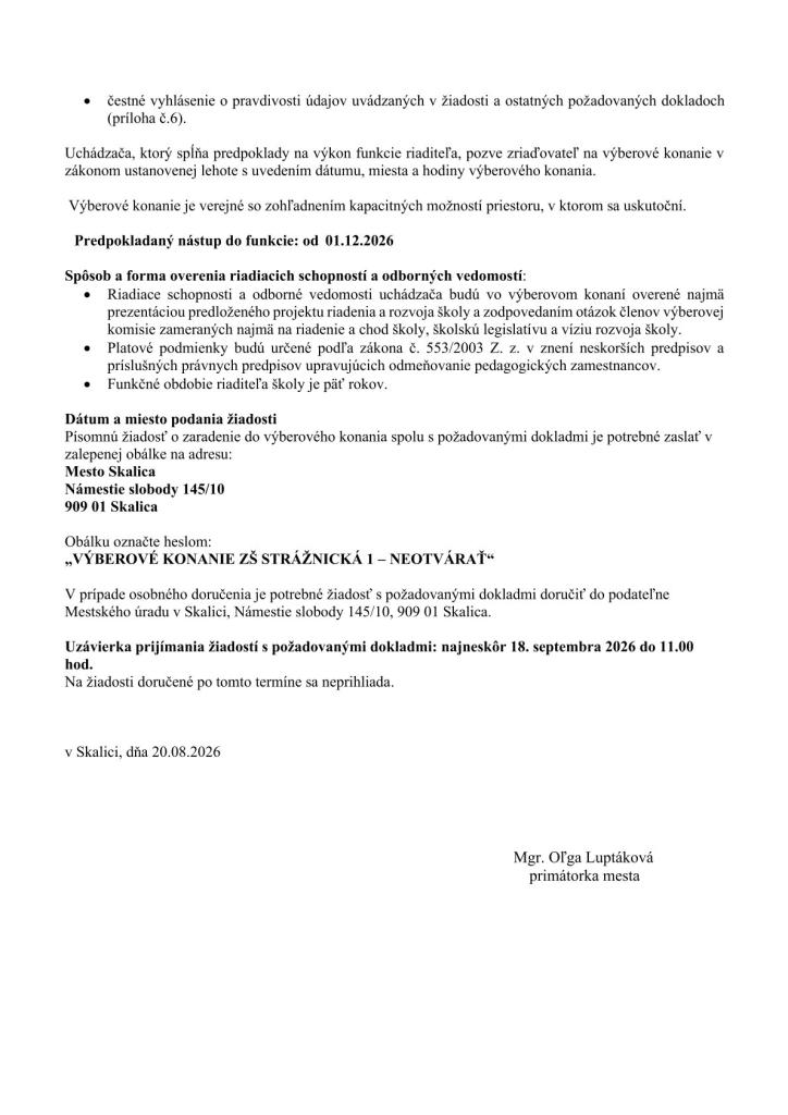 Oznámenie o&nbsp;výberovom konaní na&nbsp;riaditeľa/riaditeľku ZŠ so sídlom Strážnická 1&nbsp;Skalica 4
